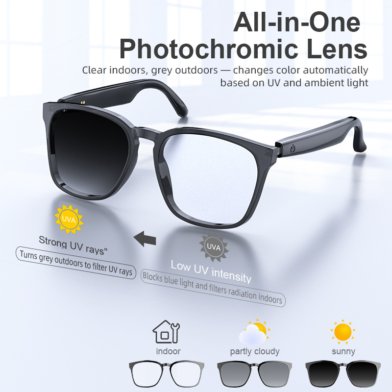 AI Smart Glasses Intelligent Translation Glasses Bluetooth Calling Music Playback Voice Assistant Remote Control Waterproof Audio Glasses Color-Changing Lens Anti-UV Outdoor Driving Smart Sunglasses