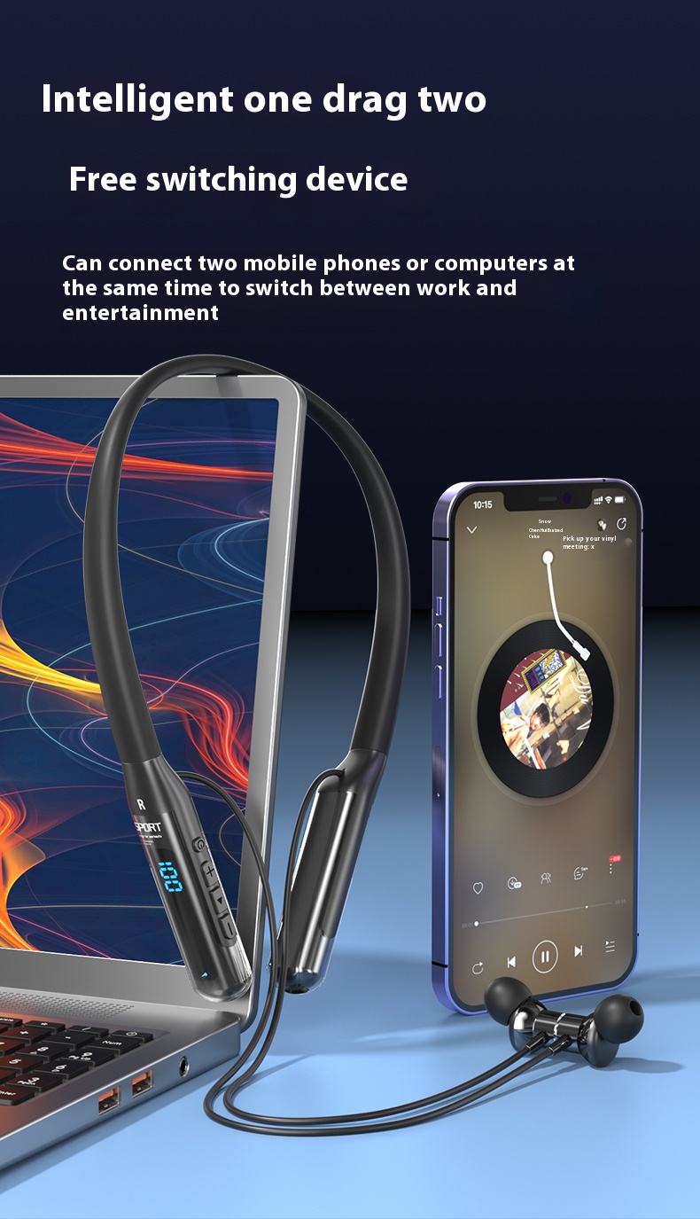 Wireless Earphones Neckbands Music Headset Wireless Neck-hanging TWS Sports Earbuds Noise Reduction Design Earphone Extra Bass Long Battery Life IPX5 Sweatproof Rugged