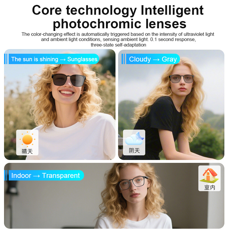 AI Smart Glasses Intelligent Translation Glasses Bluetooth Calling Music Playback Voice Assistant Remote Control Waterproof Audio Glasses Color-Changing Lens Anti-UV Outdoor Driving Smart Sunglasses
