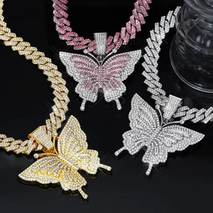 Hip Hop Pendant Necklace for Men Women, Iced Out Butterfly Cuban Link Chain, Bling Bling Statement Jewelry, Hiphop Streetwear Party Daily Gift
