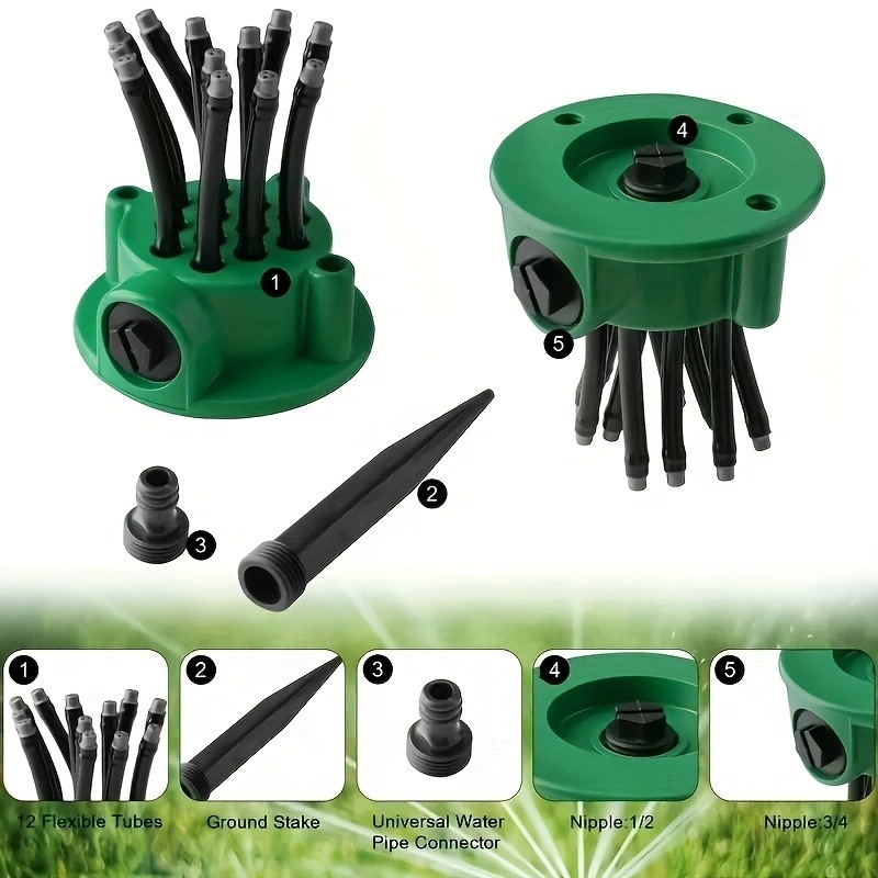 360 Degree Sprinkler With 12 Adjustable Multi-Head Flexible Tubes For Garden Lawn, Large Coverage Area Watering Irrigation System, Save More Water Durable Yard Flower Bed Vegetable Sprayer