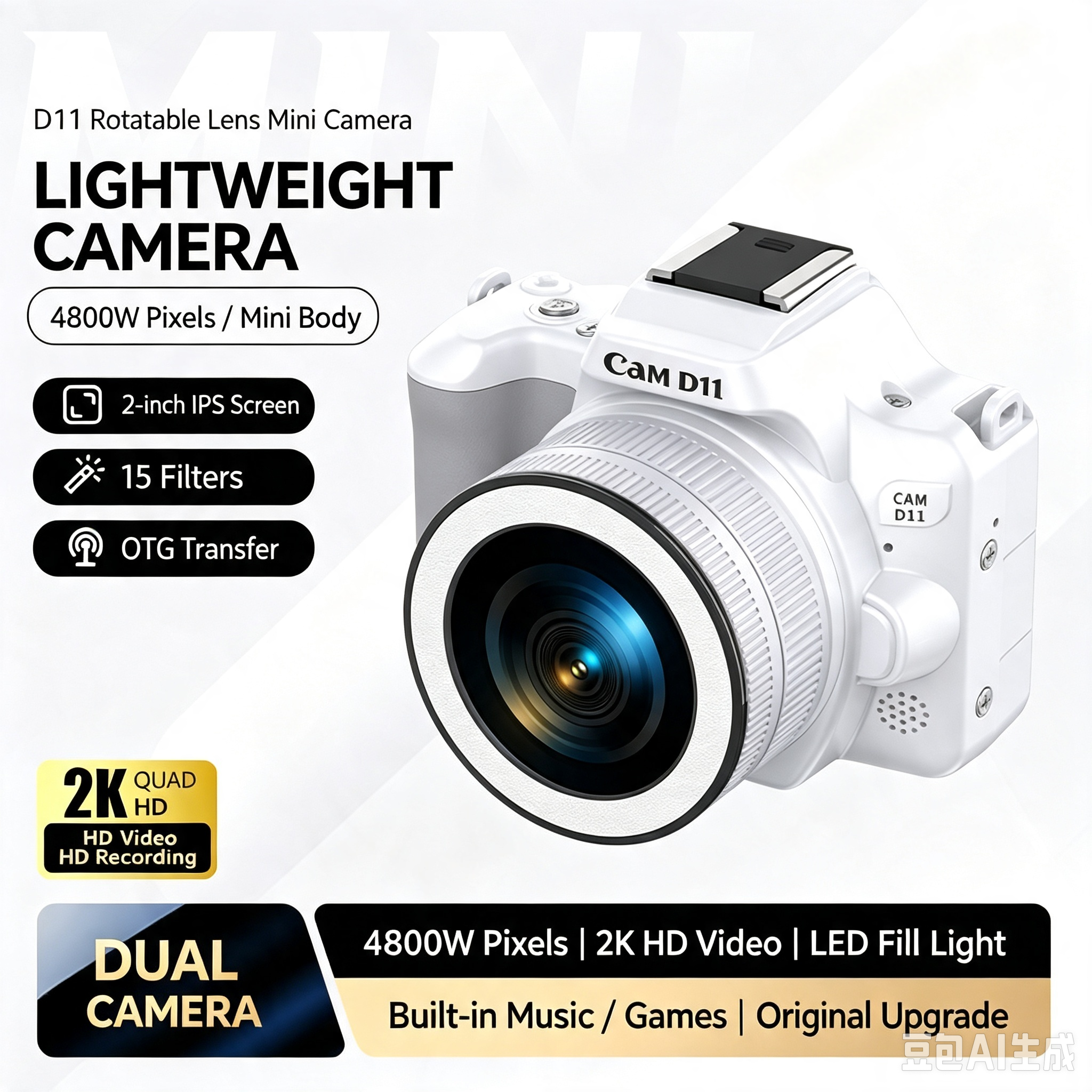 D11 48MP 2K Camera Digital Camera With Rotating Lens Dual Lens Selfie Vlog Camera,16X Digital Zoom Electronic Image Stabilization,OTG Transfer,15 Filters,1000mAh Rechargeable Portable Pocket Camera
