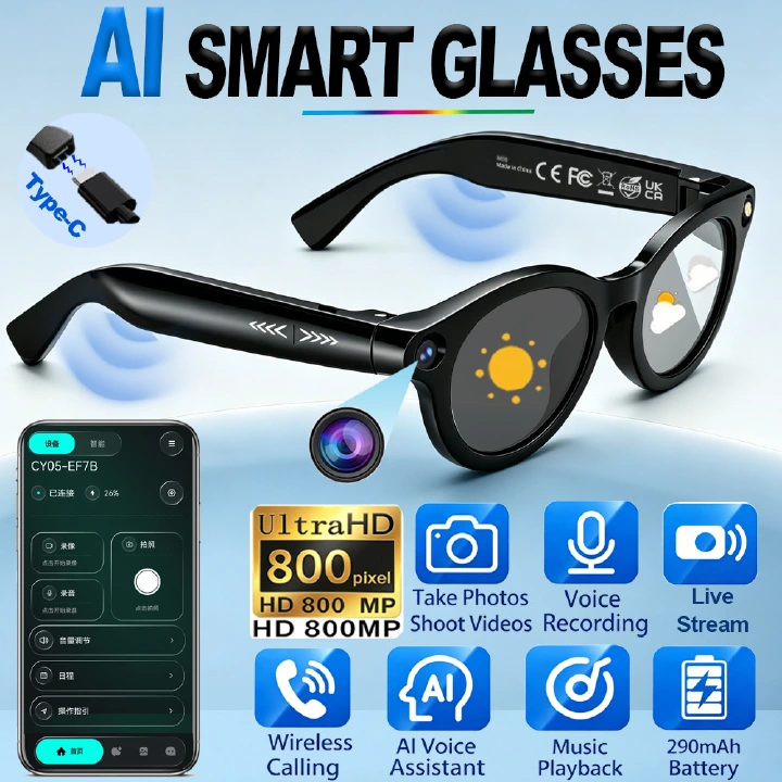 AI Smart Glasses Real Time Translation 140+ Languages, 1080P HD Camera Video Recording Live Streaming, Photochromic Lenses, Voice Assistant, 290mAh Battery Type-C Fast Charging For TikTok YouTube