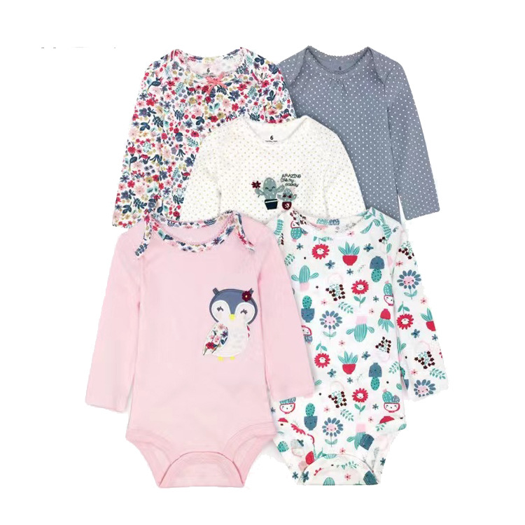 5pcs/lots Baby Clothes Sets Romper Bodysuits Newborn Cotton Romper Unisex Baby Girl Clothes Long Sleeve Cartoon Print Ropa Jumpsuits Clothes 6-24M