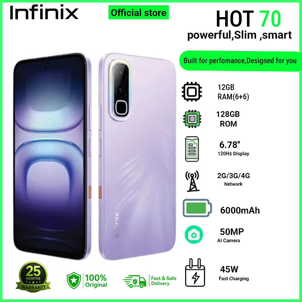 Infinix Hot 70 12(6+6)GB RAM + 128GB  6.78'' 120Hz 4G Slim Phone Dual SIM 6000mAh 45W Fast Charging 50MP Camera Side Fingerprint Lock IP64 Gyroscope G100 Ultimate One-Tap AI Smart Phones