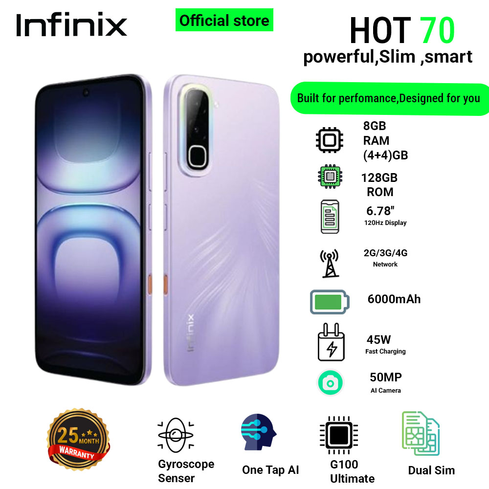 Infinix Hot 70 8(4+4)GB RAM+128GB 6.78'' 120Hz 4G Slim Phone Dual SIM 6000mAh 45W Fast Charging 50MP Camera Side Fingerprint Lock IP64 Gyroscope G100 Ultimate One-Tap AI Smart Phones