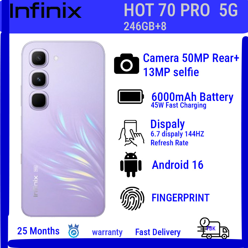 Infinix Hot 70 Pro ,256GB+8GB  6.78'' 120Hz 4G Slim Phone Dual SIM 6000mAh 45W Fast Charging 50MP Camera Side Fingerprint Lock IP64 Gyroscope G100 Ultimate One-Tap AI Smart Phones