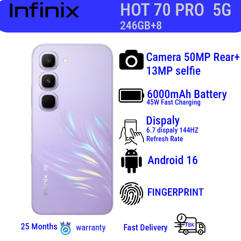 Infinix Hot 70 Pro ,256GB+8GB  6.78'' 120Hz 4G Slim Phone Dual SIM 6000mAh 45W Fast Charging 50MP Camera Side Fingerprint Lock IP64 Gyroscope G100 Ultimate One-Tap AI Smart Phones