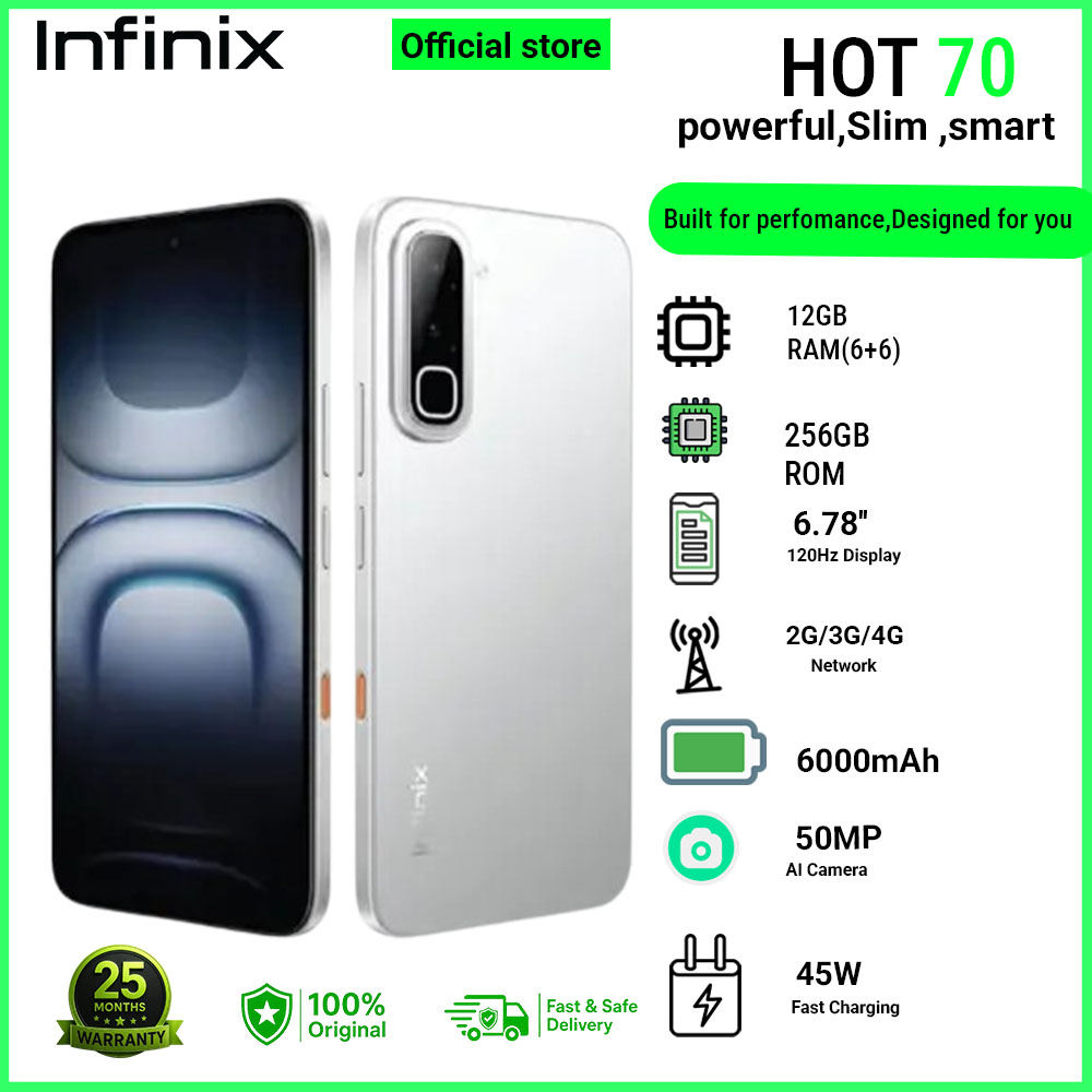 Infinix Hot 70 12(6+6)GB RAM + 256GB  6.78'' 120Hz 4G Slim Phone Dual SIM 6000mAh 45W Fast Charging 50MP Camera Side Fingerprint Lock IP64 Gyroscope G100 Ultimate One-Tap AI Smart Phones