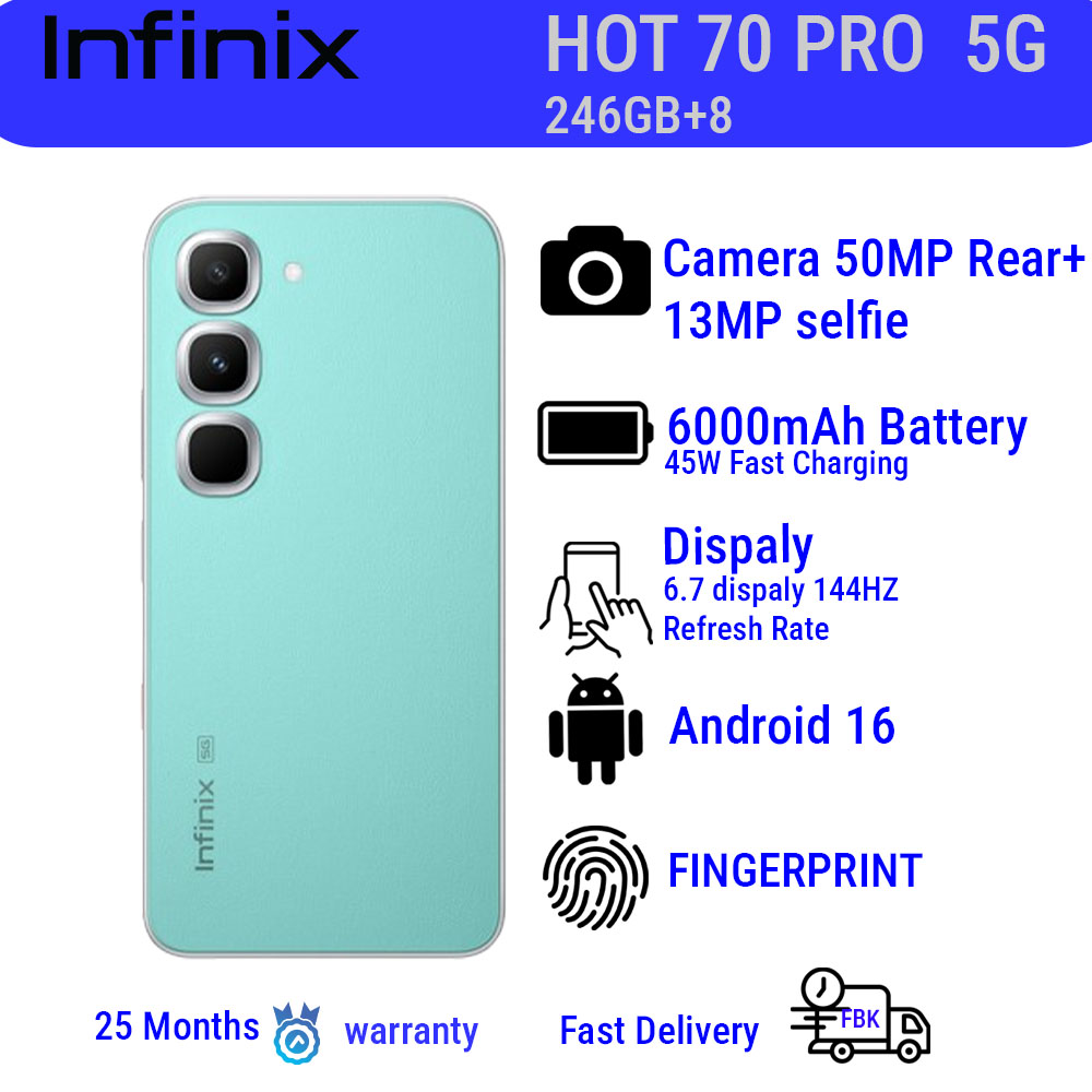 Infinix Hot 70 Pro ,256GB+8GB  6.78'' 120Hz 4G Slim Phone Dual SIM 6000mAh 45W Fast Charging 50MP Camera Side Fingerprint Lock IP64 Gyroscope G100 Ultimate One-Tap AI Smart Phones
