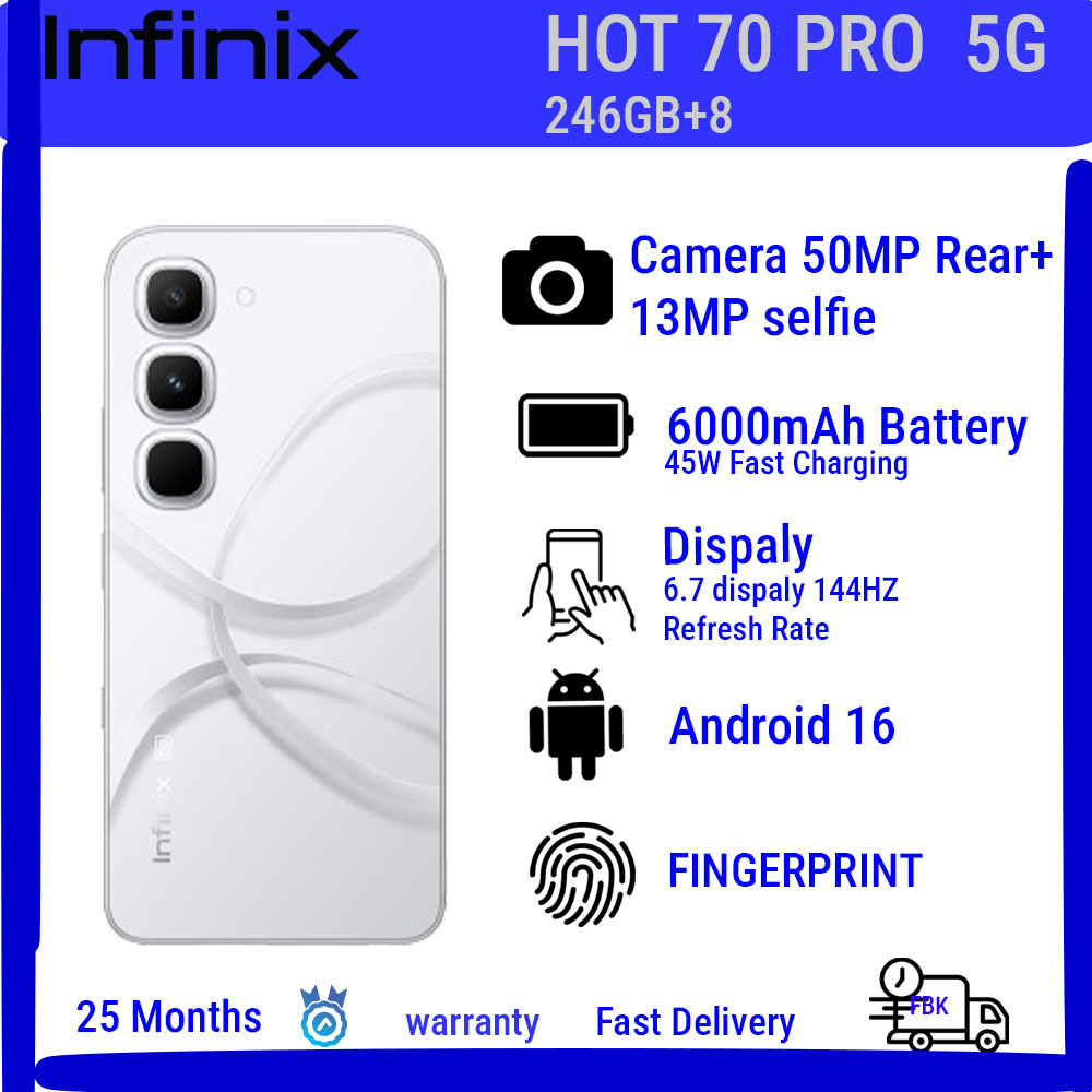 Infinix Hot 70 Pro ,256GB+8GB  6.78'' 120Hz 4G Slim Phone Dual SIM 6000mAh 45W Fast Charging 50MP Camera Side Fingerprint Lock IP64 Gyroscope G100 Ultimate One-Tap AI Smart Phones