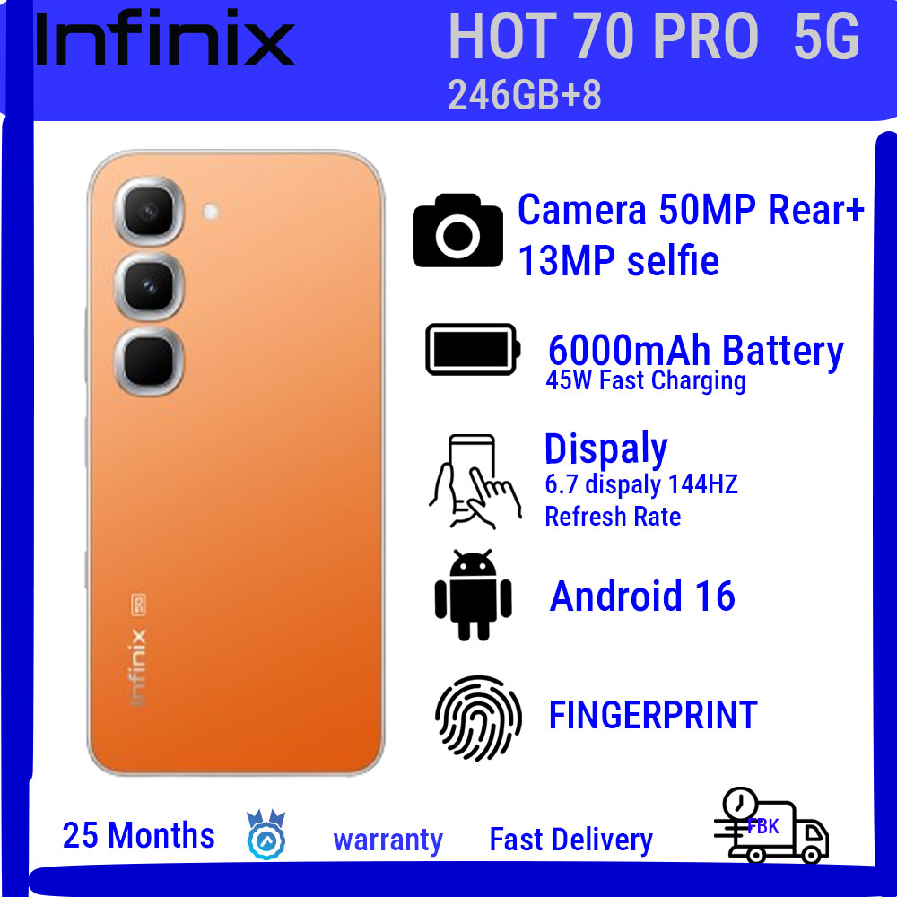 Infinix Hot 70 Pro ,256GB+8GB  6.78'' 120Hz 4G Slim Phone Dual SIM 6000mAh 45W Fast Charging 50MP Camera Side Fingerprint Lock IP64 Gyroscope G100 Ultimate One-Tap AI Smart Phones