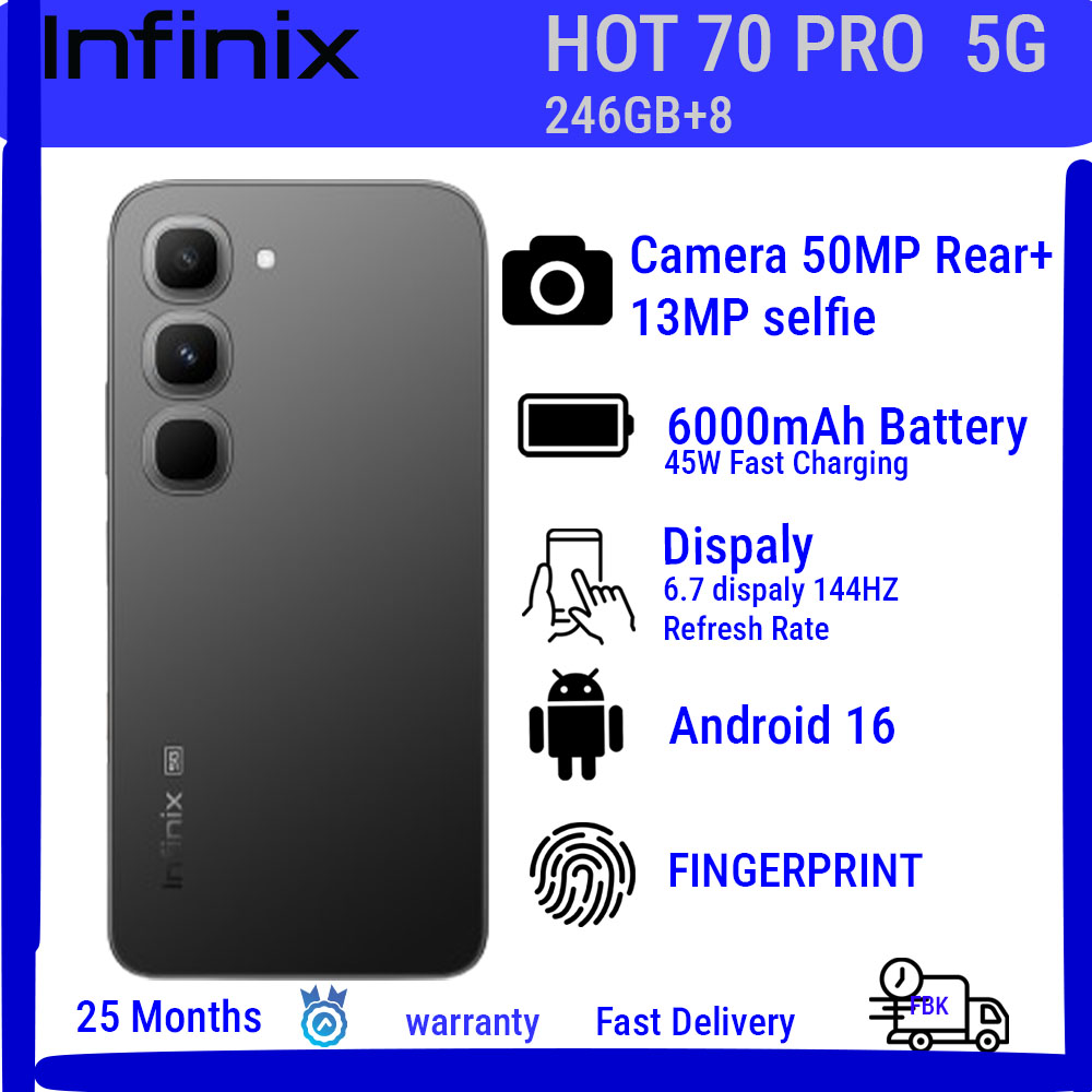 Infinix Hot 70 Pro ,256GB+8GB  6.78'' 120Hz 4G Slim Phone Dual SIM 6000mAh 45W Fast Charging 50MP Camera Side Fingerprint Lock IP64 Gyroscope G100 Ultimate One-Tap AI Smart Phones