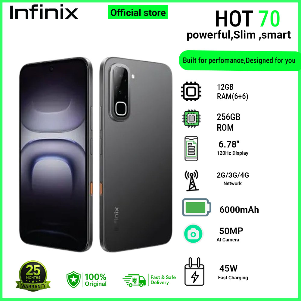 Infinix Hot 70 12(6+6)GB RAM + 256GB  6.78'' 120Hz 4G Slim Phone Dual SIM 6000mAh 45W Fast Charging 50MP Camera Side Fingerprint Lock IP64 Gyroscope G100 Ultimate One-Tap AI Smart Phones