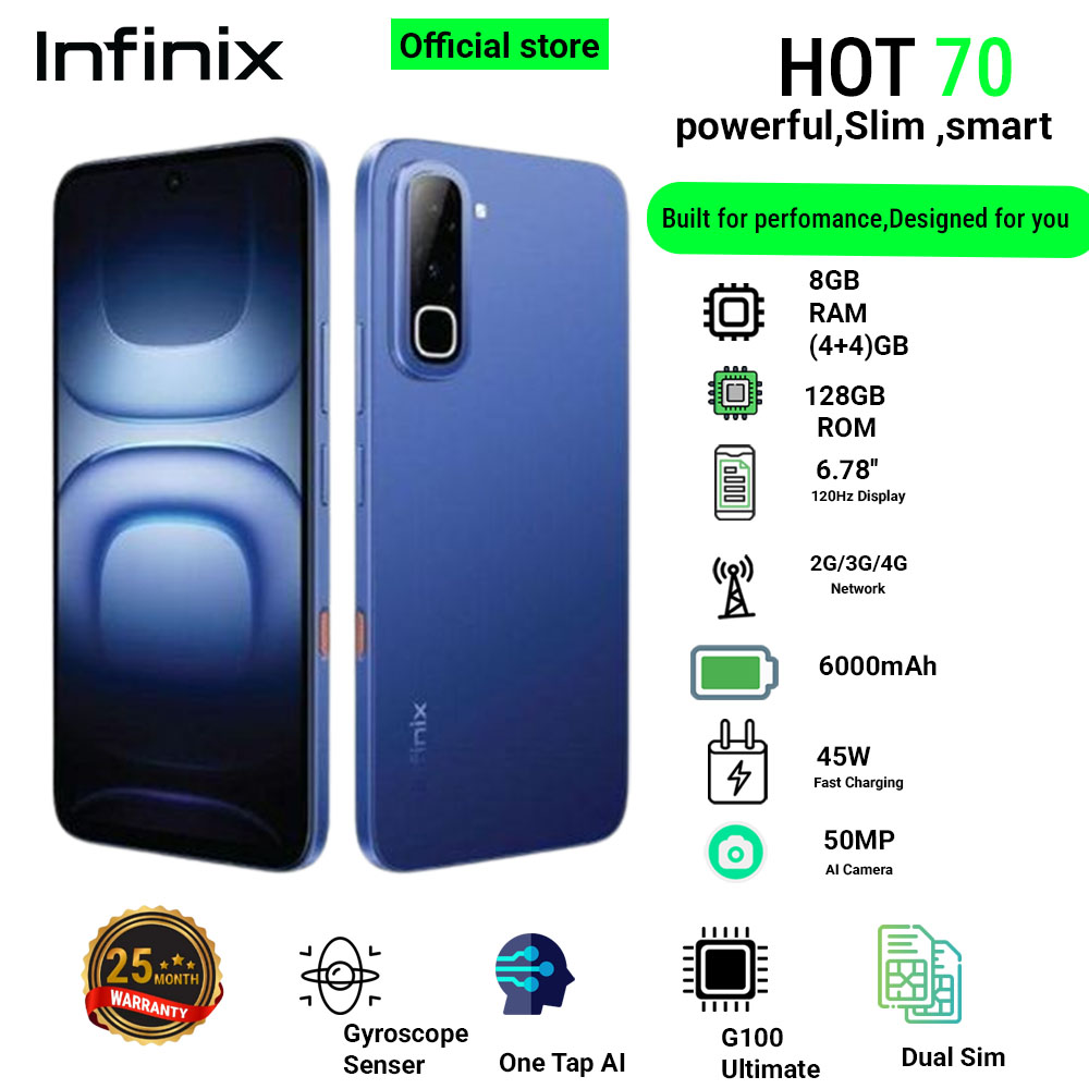 Infinix Hot 70 8(4+4)GB RAM+128GB 6.78'' 120Hz 4G Slim Phone Dual SIM 6000mAh 45W Fast Charging 50MP Camera Side Fingerprint Lock IP64 Gyroscope G100 Ultimate One-Tap AI Smart Phones