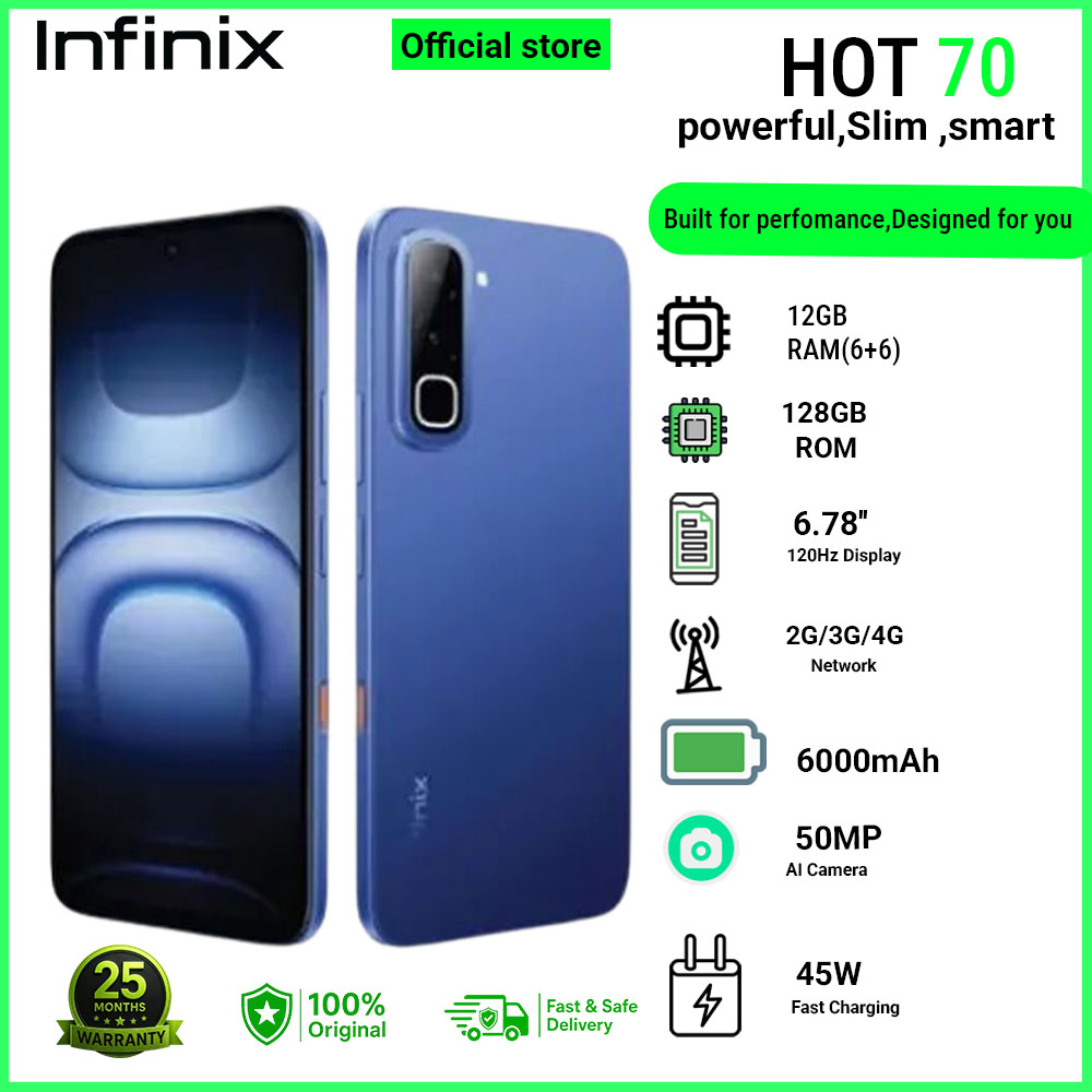 Infinix Hot 70 12(6+6)GB RAM + 128GB  6.78'' 120Hz 4G Slim Phone Dual SIM 6000mAh 45W Fast Charging 50MP Camera Side Fingerprint Lock IP64 Gyroscope G100 Ultimate One-Tap AI Smart Phones