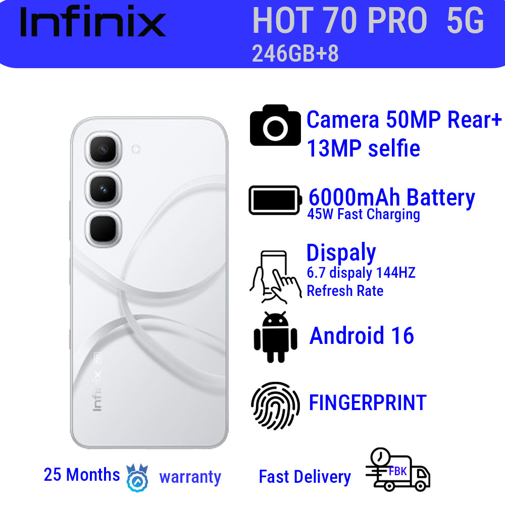Infinix Hot 70 Pro ,256GB+8GB  6.78'' 120Hz 4G Slim Phone Dual SIM 6000mAh 45W Fast Charging 50MP Camera Side Fingerprint Lock IP64 Gyroscope G100 Ultimate One-Tap AI Smart Phones
