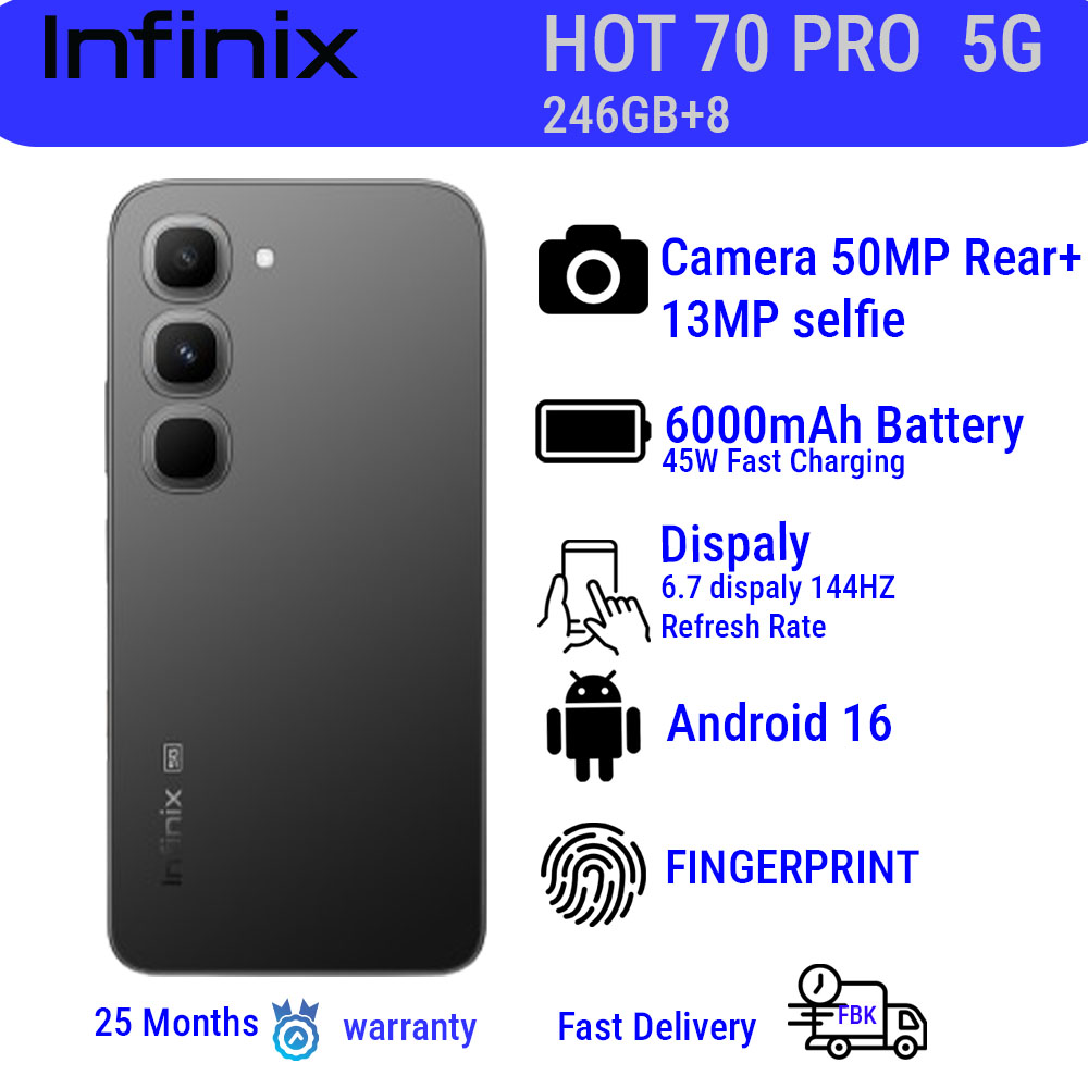 Infinix Hot 70 Pro ,256GB+8GB  6.78'' 120Hz 4G Slim Phone Dual SIM 6000mAh 45W Fast Charging 50MP Camera Side Fingerprint Lock IP64 Gyroscope G100 Ultimate One-Tap AI Smart Phones