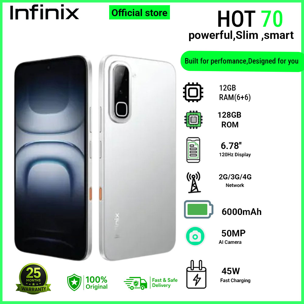 Infinix Hot 70 12(6+6)GB RAM + 128GB  6.78'' 120Hz 4G Slim Phone Dual SIM 6000mAh 45W Fast Charging 50MP Camera Side Fingerprint Lock IP64 Gyroscope G100 Ultimate One-Tap AI Smart Phones