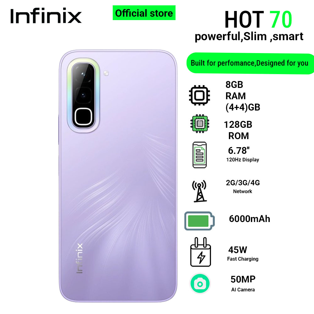 Infinix Hot 70 8(4+4)GB RAM+128GB 6.78'' 120Hz 4G Slim Phone Dual SIM 6000mAh 45W Fast Charging 50MP Camera Side Fingerprint Lock IP64 Gyroscope G100 Ultimate One-Tap AI Smart Phones