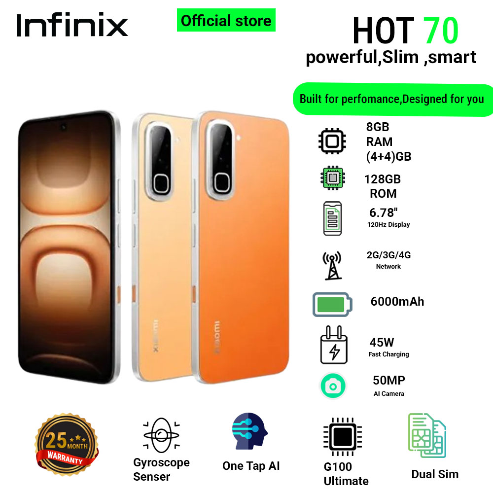 Infinix Hot 70 8(4+4)GB RAM+128GB 6.78'' 120Hz 4G Slim Phone Dual SIM 6000mAh 45W Fast Charging 50MP Camera Side Fingerprint Lock IP64 Gyroscope G100 Ultimate One-Tap AI Smart Phones