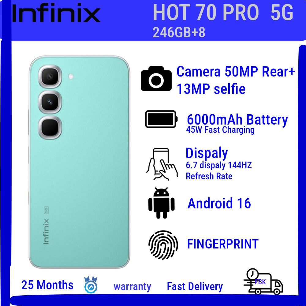 Infinix Hot 70 Pro ,256GB+8GB  6.78'' 120Hz 4G Slim Phone Dual SIM 6000mAh 45W Fast Charging 50MP Camera Side Fingerprint Lock IP64 Gyroscope G100 Ultimate One-Tap AI Smart Phones