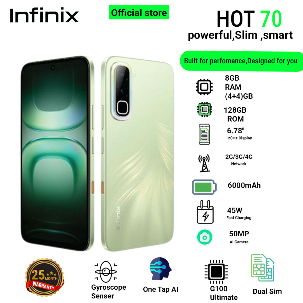 Infinix Hot 70 8(4+4)GB RAM+128GB 6.78'' 120Hz 4G Slim Phone Dual SIM 6000mAh 45W Fast Charging 50MP Camera Side Fingerprint Lock IP64 Gyroscope G100 Ultimate One-Tap AI Smart Phones
