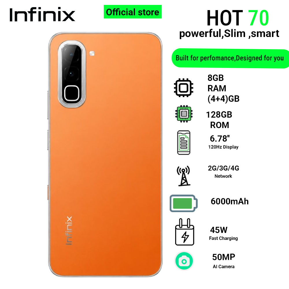 Infinix Hot 70 8(4+4)GB RAM+128GB 6.78'' 120Hz 4G Slim Phone Dual SIM 6000mAh 45W Fast Charging 50MP Camera Side Fingerprint Lock IP64 Gyroscope G100 Ultimate One-Tap AI Smart Phones