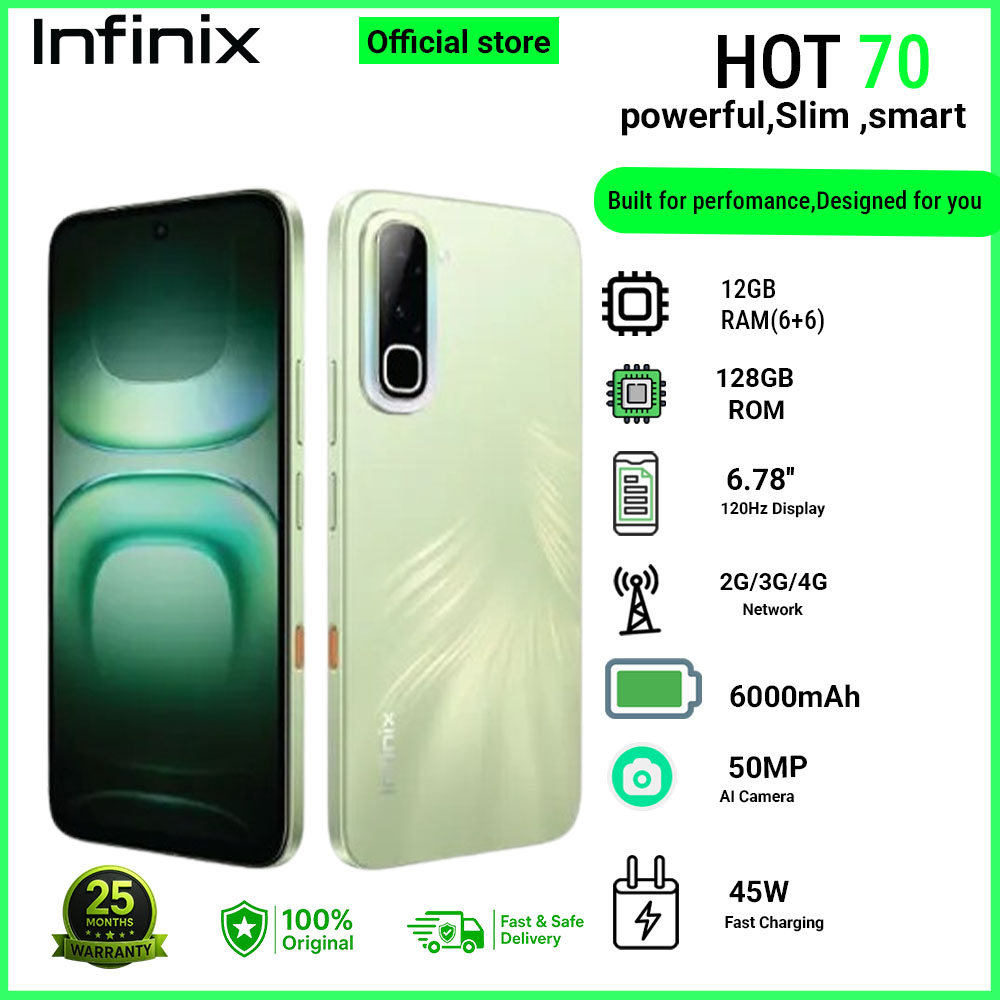 Infinix Hot 70 12(6+6)GB RAM + 128GB  6.78'' 120Hz 4G Slim Phone Dual SIM 6000mAh 45W Fast Charging 50MP Camera Side Fingerprint Lock IP64 Gyroscope G100 Ultimate One-Tap AI Smart Phones