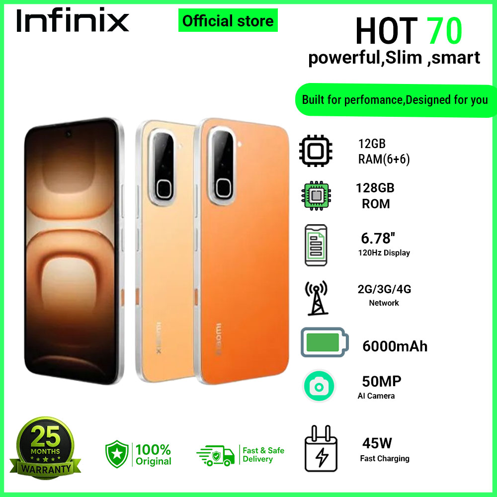 Infinix Hot 70 12(6+6)GB RAM + 128GB  6.78'' 120Hz 4G Slim Phone Dual SIM 6000mAh 45W Fast Charging 50MP Camera Side Fingerprint Lock IP64 Gyroscope G100 Ultimate One-Tap AI Smart Phones