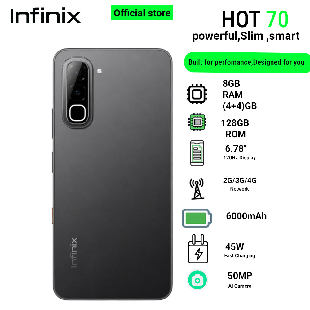 Infinix Hot 70 8(4+4)GB RAM+128GB 6.78'' 120Hz 4G Slim Phone Dual SIM 6000mAh 45W Fast Charging 50MP Camera Side Fingerprint Lock IP64 Gyroscope G100 Ultimate One-Tap AI Smart Phones