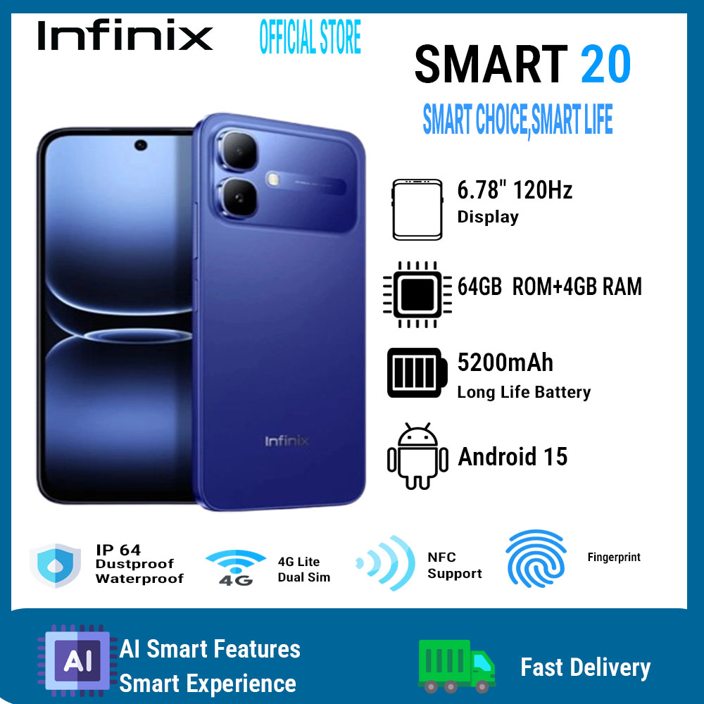 Infinix Smart 20 6.78" 120Hz Display 64GB+4GB 5200mAh Long-Life Battery 4G Dual SIM IP64 Waterproof 15W Charging NFC Fingerprint Lock Android15 Mediatek Helio G81 Ultimate  AI Smart Phones