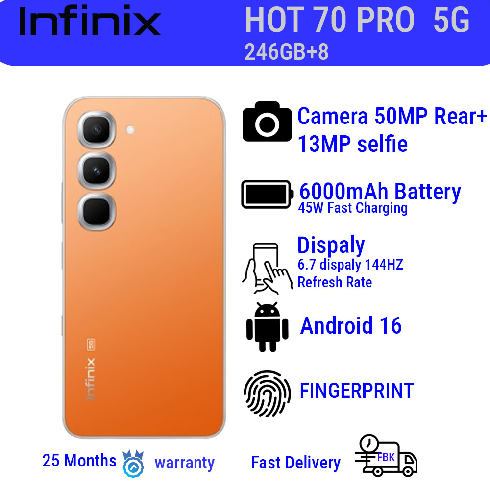 Infinix Hot 70 Pro ,256GB+8GB  6.78'' 120Hz 4G Slim Phone Dual SIM 6000mAh 45W Fast Charging 50MP Camera Side Fingerprint Lock IP64 Gyroscope G100 Ultimate One-Tap AI Smart Phones