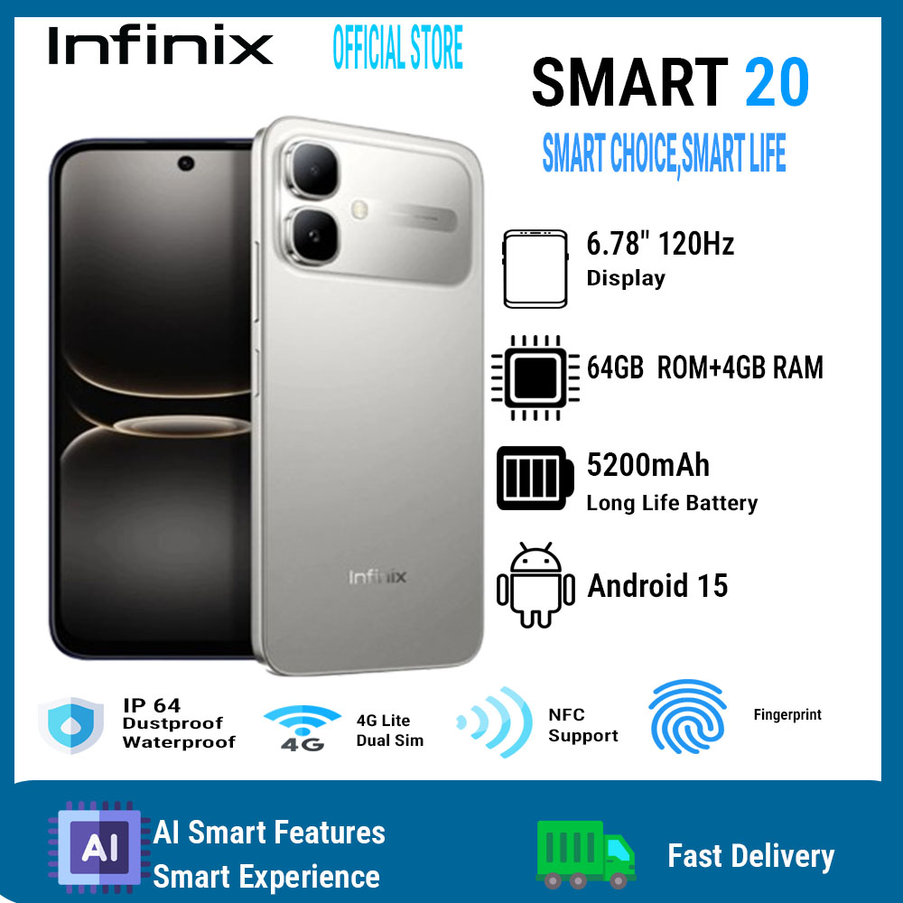 Infinix Smart 20 6.78" 120Hz Display 64GB+4GB 5200mAh Long-Life Battery 4G Dual SIM IP64 Waterproof 15W Charging NFC Fingerprint Lock Android15 Mediatek Helio G81 Ultimate  AI Smart Phones