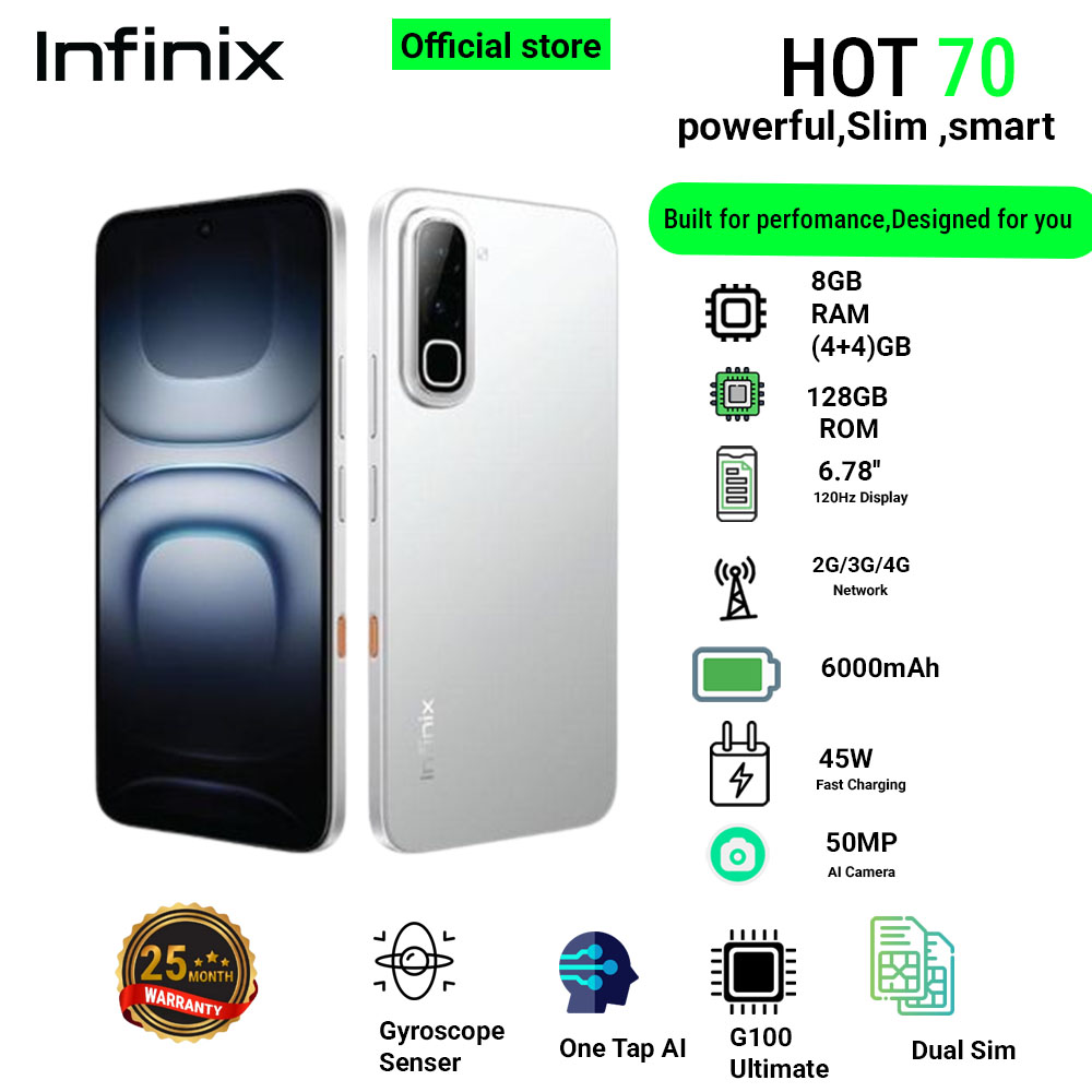 Infinix Hot 70 8(4+4)GB RAM+128GB 6.78'' 120Hz 4G Slim Phone Dual SIM 6000mAh 45W Fast Charging 50MP Camera Side Fingerprint Lock IP64 Gyroscope G100 Ultimate One-Tap AI Smart Phones