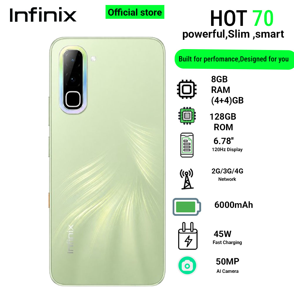 Infinix Hot 70 8(4+4)GB RAM+128GB 6.78'' 120Hz 4G Slim Phone Dual SIM 6000mAh 45W Fast Charging 50MP Camera Side Fingerprint Lock IP64 Gyroscope G100 Ultimate One-Tap AI Smart Phones