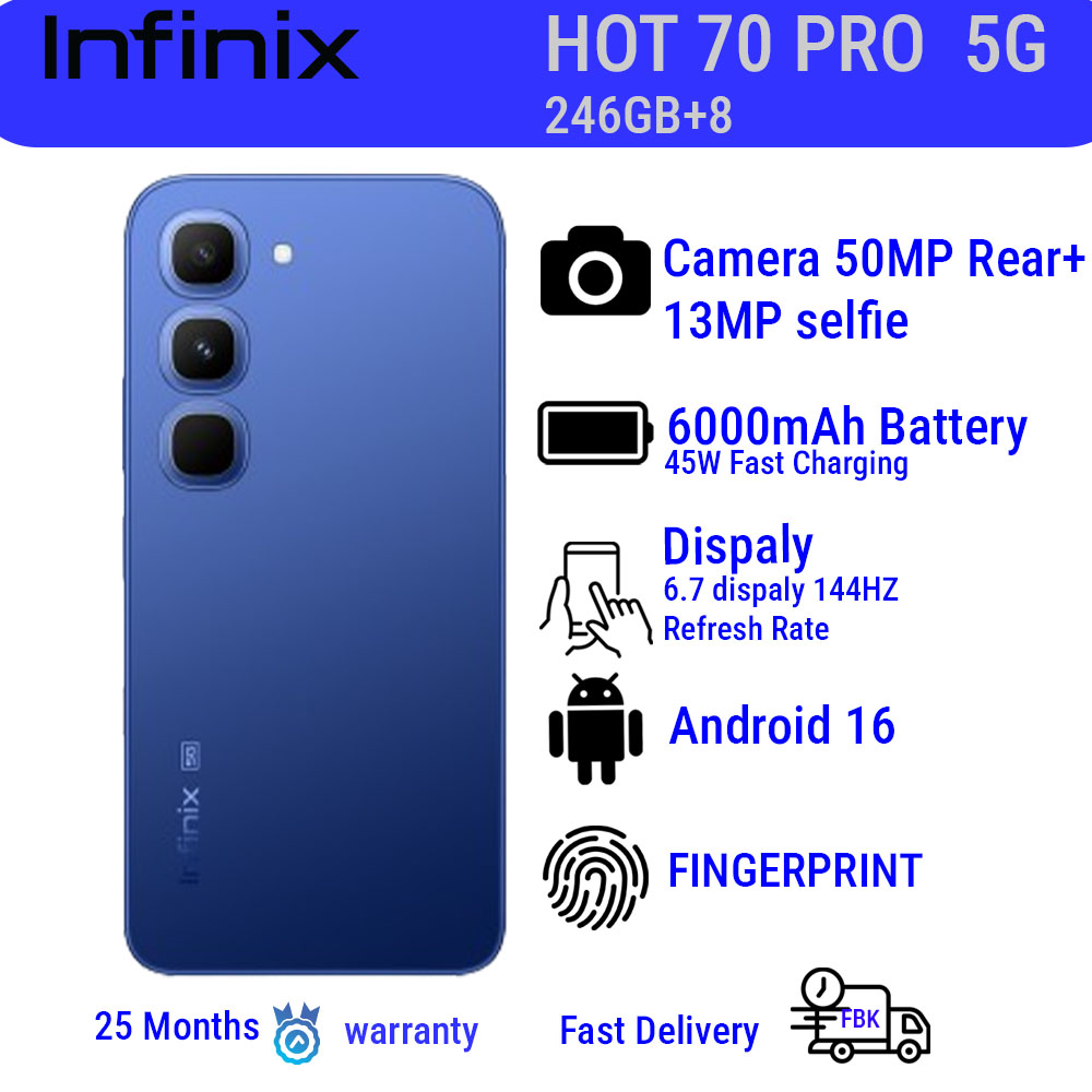 Infinix Hot 70 Pro ,256GB+8GB  6.78'' 120Hz 4G Slim Phone Dual SIM 6000mAh 45W Fast Charging 50MP Camera Side Fingerprint Lock IP64 Gyroscope G100 Ultimate One-Tap AI Smart Phones