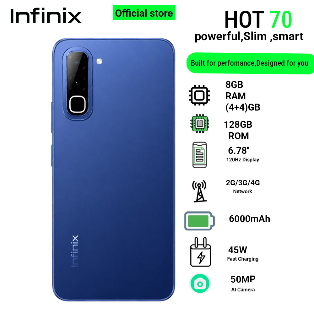 Infinix Hot 70 8(4+4)GB RAM+128GB 6.78'' 120Hz 4G Slim Phone Dual SIM 6000mAh 45W Fast Charging 50MP Camera Side Fingerprint Lock IP64 Gyroscope G100 Ultimate One-Tap AI Smart Phones