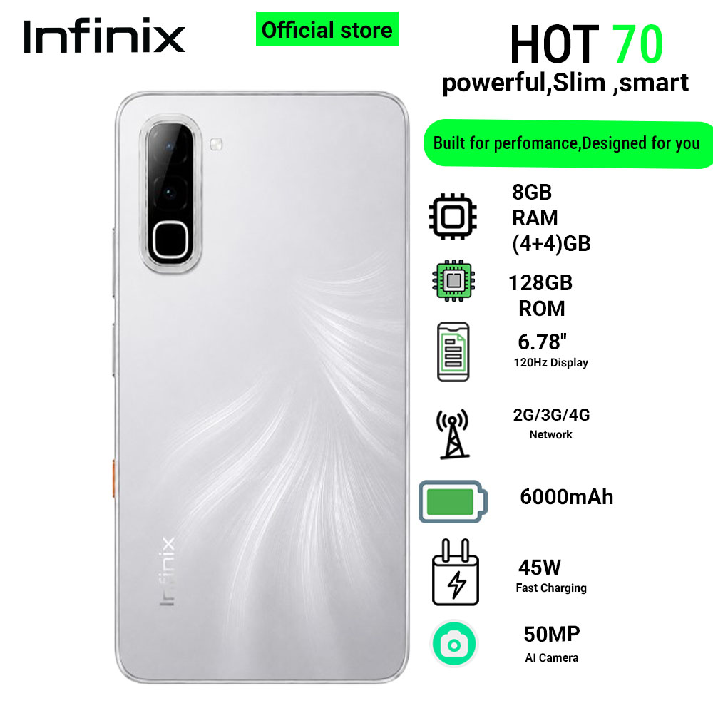 Infinix Hot 70 8(4+4)GB RAM+128GB 6.78'' 120Hz 4G Slim Phone Dual SIM 6000mAh 45W Fast Charging 50MP Camera Side Fingerprint Lock IP64 Gyroscope G100 Ultimate One-Tap AI Smart Phones