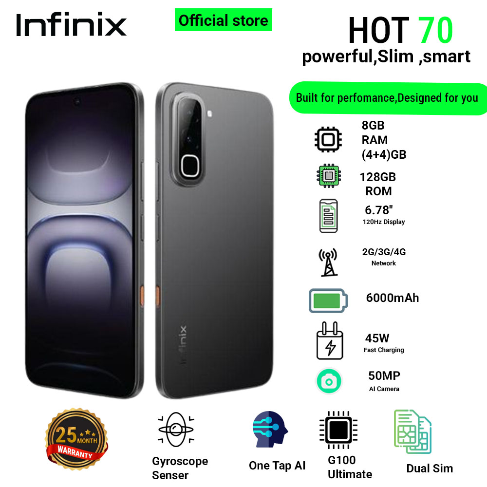 Infinix Hot 70 8(4+4)GB RAM+128GB 6.78'' 120Hz 4G Slim Phone Dual SIM 6000mAh 45W Fast Charging 50MP Camera Side Fingerprint Lock IP64 Gyroscope G100 Ultimate One-Tap AI Smart Phones