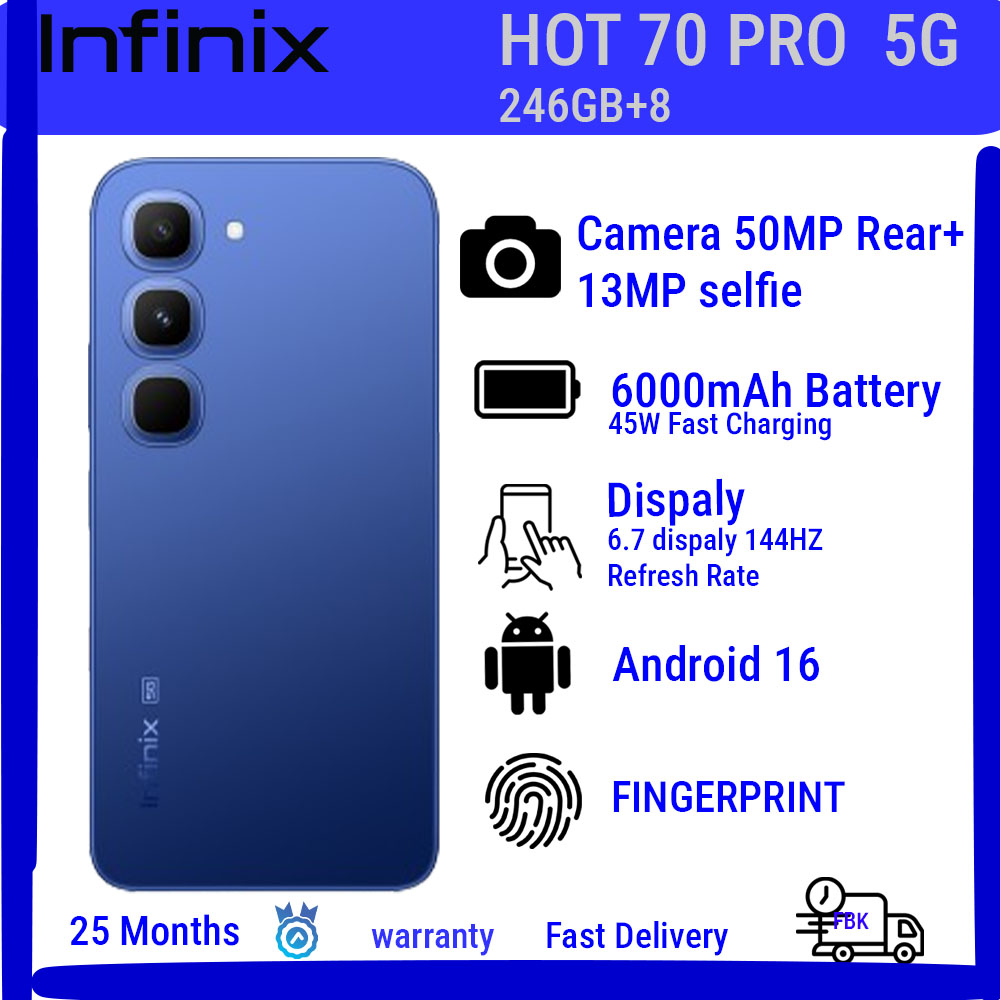 Infinix Hot 70 Pro ,256GB+8GB  6.78'' 120Hz 4G Slim Phone Dual SIM 6000mAh 45W Fast Charging 50MP Camera Side Fingerprint Lock IP64 Gyroscope G100 Ultimate One-Tap AI Smart Phones