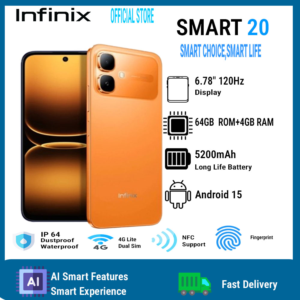 Infinix Smart 20 6.78" 120Hz Display 64GB+4GB 5200mAh Long-Life Battery 4G Dual SIM IP64 Waterproof 15W Charging NFC Fingerprint Lock Android15 Mediatek Helio G81 Ultimate  AI Smart Phones