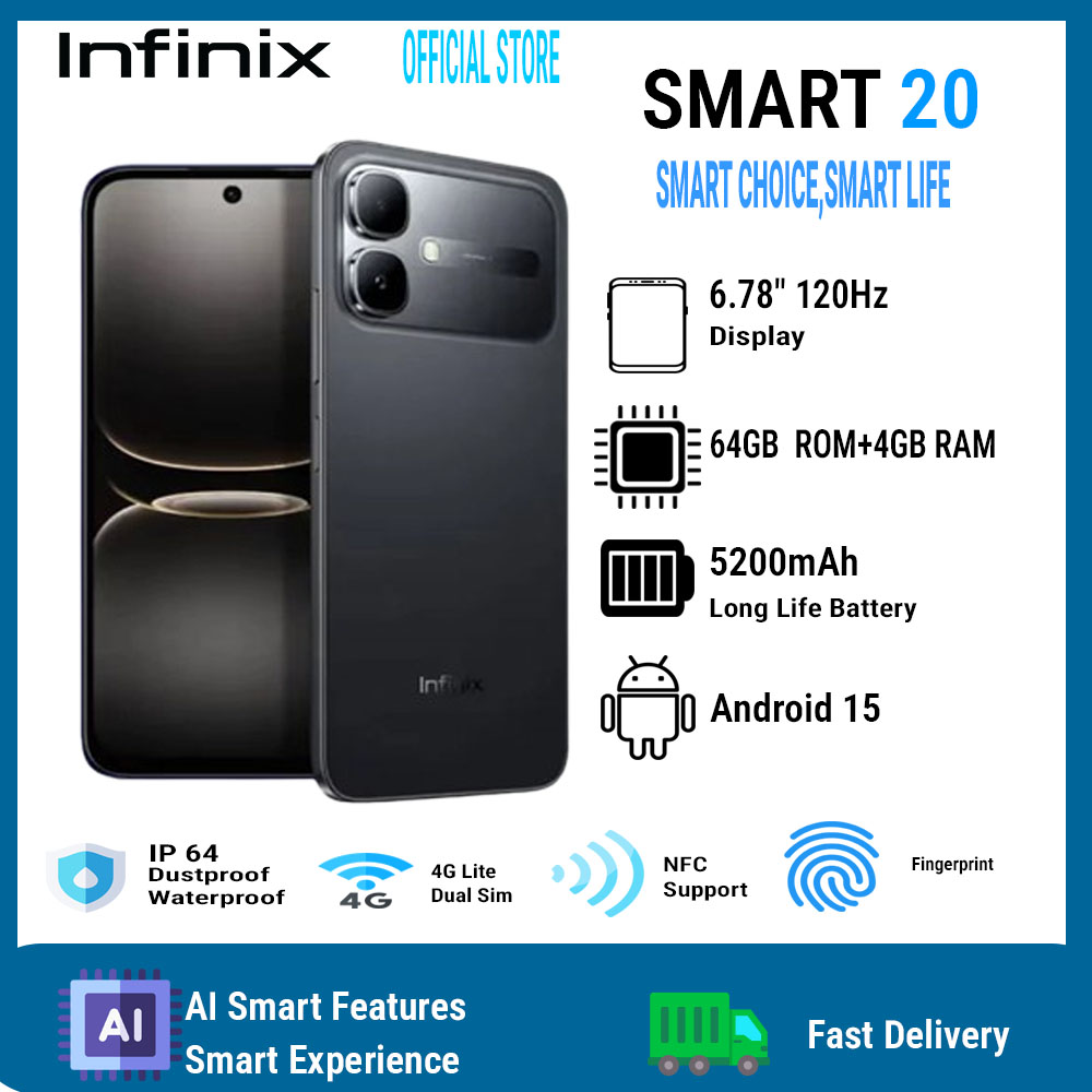 Infinix Smart 20 6.78" 120Hz Display 64GB+4GB 5200mAh Long-Life Battery 4G Dual SIM IP64 Waterproof 15W Charging NFC Fingerprint Lock Android15 Mediatek Helio G81 Ultimate  AI Smart Phones