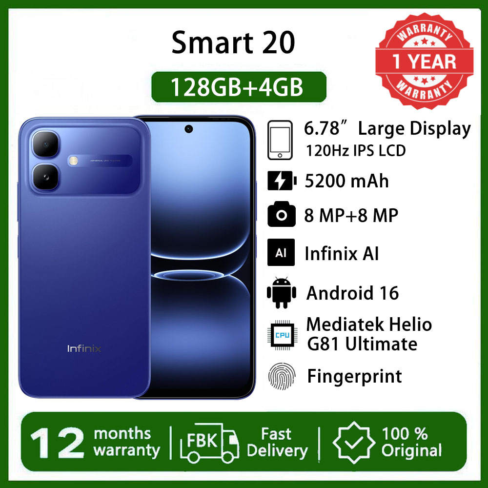 Infinix Smart 20 6.78" 120Hz Display 128GB+4GB 5200mAh Long-Life Battery 4G Dual SIM IP64 Waterproof 15W Charging NFC Fingerprint Lock Android16 Mediatek Helio G81 Ultimate  AI Smart Phones