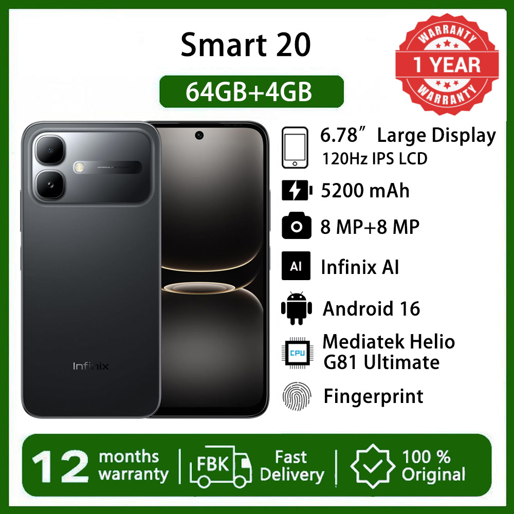 Infinix Smart 20 6.78" 120Hz Display 64GB+4GB 5200mAh Long-Life Battery 4G Dual SIM IP64 Waterproof 15W Charging NFC Fingerprint Lock Android16 Mediatek Helio G81 Ultimate  AI Smart Phones