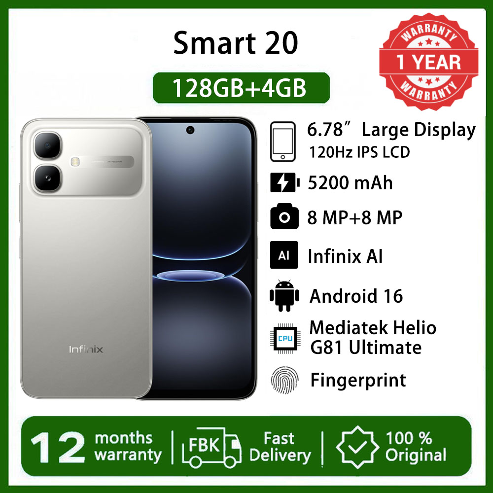 Infinix Smart 20 6.78" 120Hz Display 128GB+4GB 5200mAh Long-Life Battery 4G Dual SIM IP64 Waterproof 15W Charging NFC Fingerprint Lock Android16 Mediatek Helio G81 Ultimate  AI Smart Phones