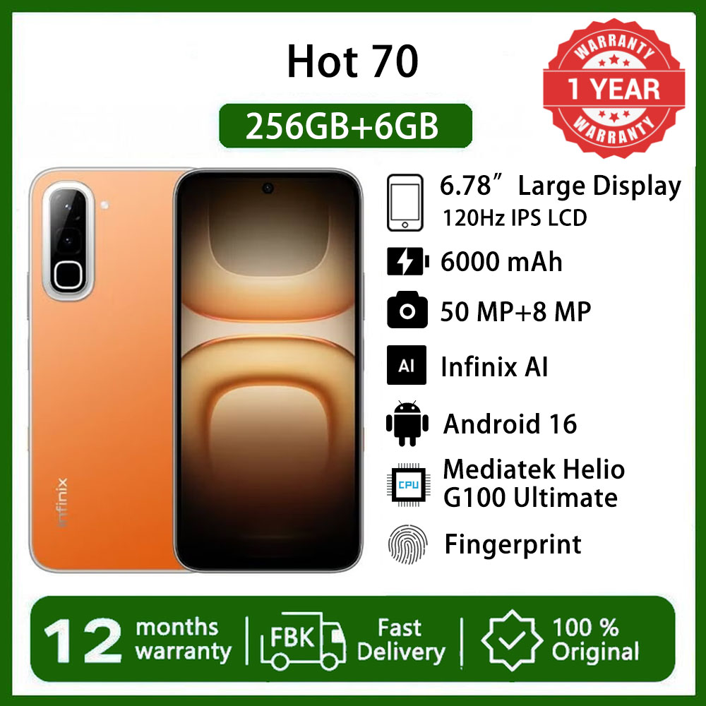 Infinix Hot 70 256GB+6GB  6.78'' 120Hz 4G Slim Phone Dual SIM 6000mAh 45W Fast Charging 50MP Camera Side Fingerprint Lock IP65 Helio G100 Ultimate Andriod 16 AI Smart Phones