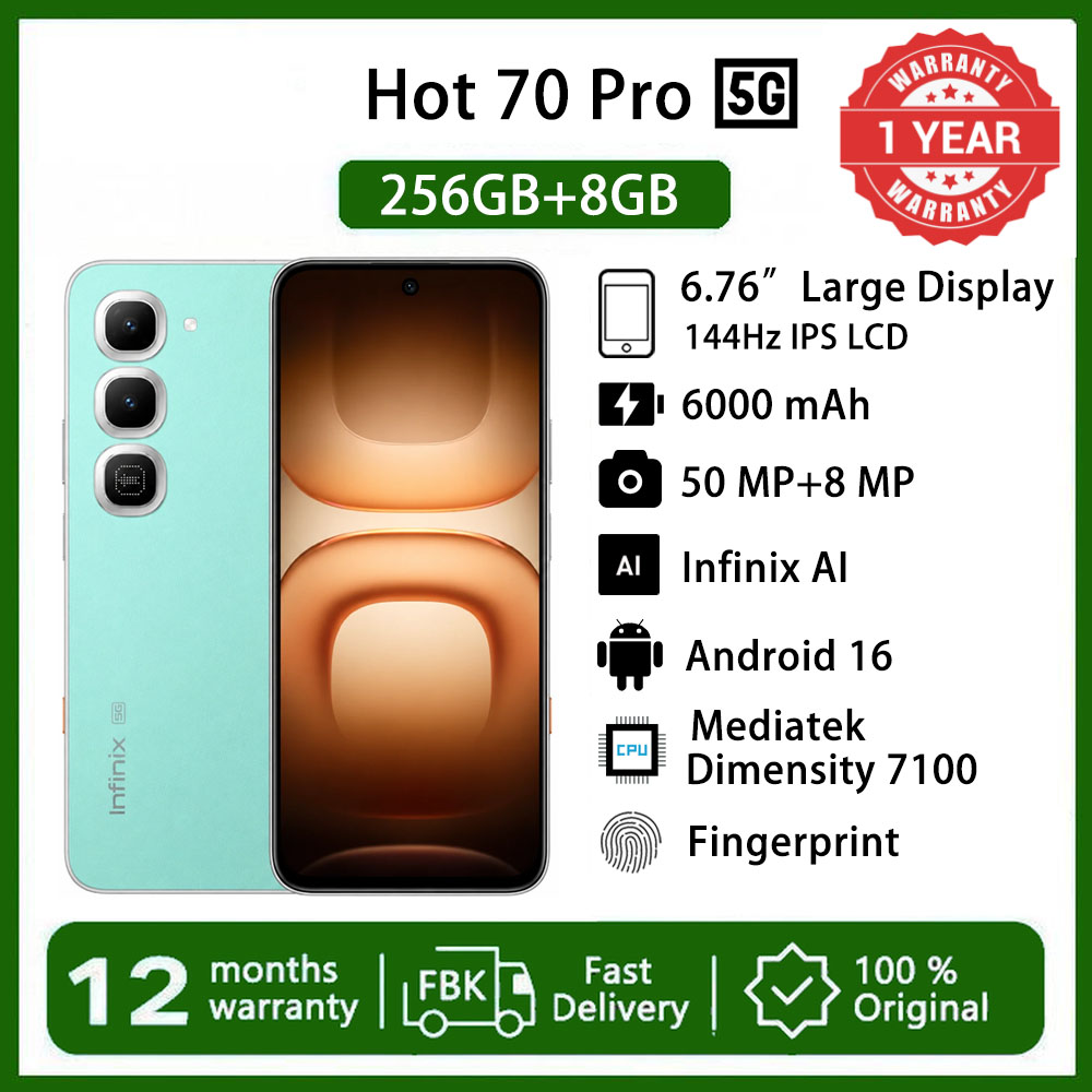 [Free Watch] Infinix Hot 70 Pro 5G Netwrok 256GB+8GB  6.78" 144Hz  Phone Dual SIM 6000mAh 45W Fast Charging 50MP Camera Fingerprint Lock IP68  Mediatek Dimensity 7100 One-Tap AI Smart Phones