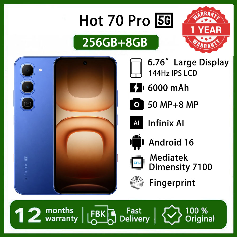 [Free Watch] Infinix Hot 70 Pro 5G Netwrok 256GB+8GB  6.78" 144Hz  Phone Dual SIM 6000mAh 45W Fast Charging 50MP Camera Fingerprint Lock IP68  Mediatek Dimensity 7100 One-Tap AI Smart Phones