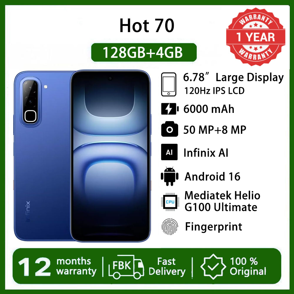 Infinix Hot 70 8(4+4)GB RAM+128GB 6.78'' 120Hz 4G Slim Phone Dual SIM 6000mAh 45W Fast Charging 50MP Camera Side Fingerprint Lock IP65 Gyroscope G100 Ultimate Andriod One-Tap AI Smart Phones